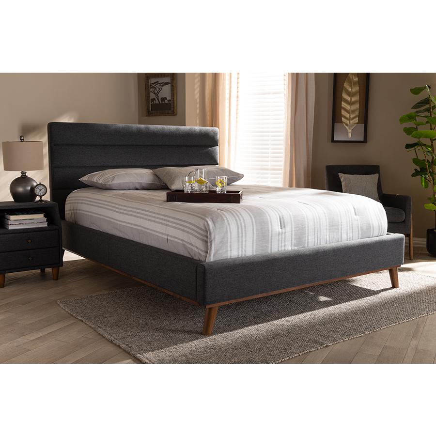 Erlend Mid-Century Modern Dark Grey Fabric Upholstered Queen Size Platform Bed. Picture 6