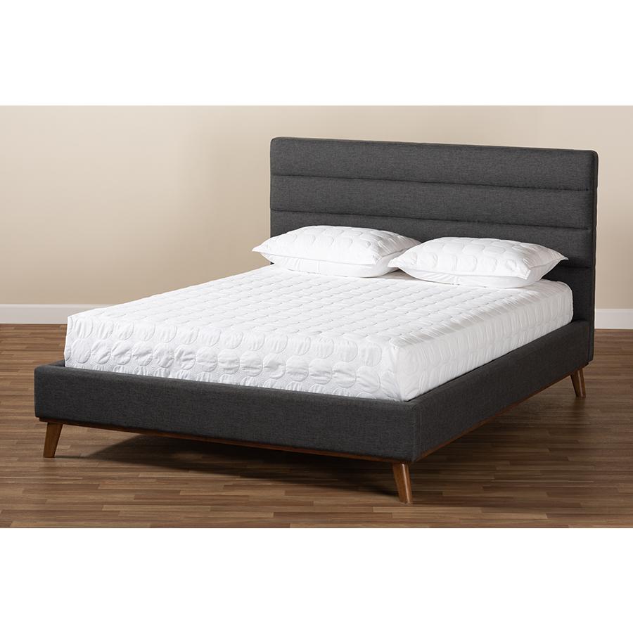 Erlend Mid-Century Modern Dark Grey Fabric Upholstered Queen Size Platform Bed. Picture 7