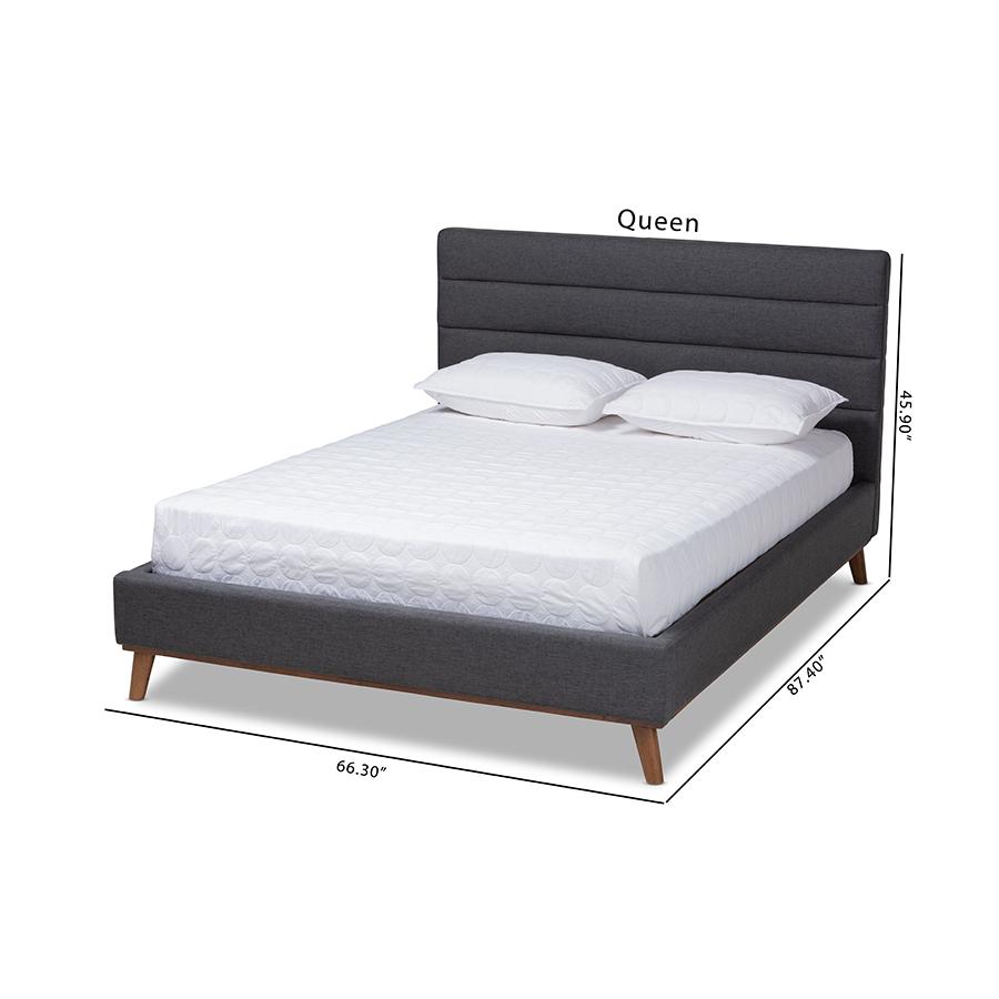 Erlend Mid-Century Modern Dark Grey Fabric Upholstered Queen Size Platform Bed. Picture 8