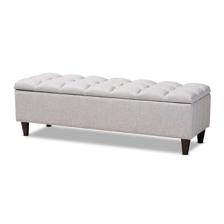 Grayish Beige Fabric Upholstered Dark Brown Finished Wood Storage Bench Ottoman. Picture 1