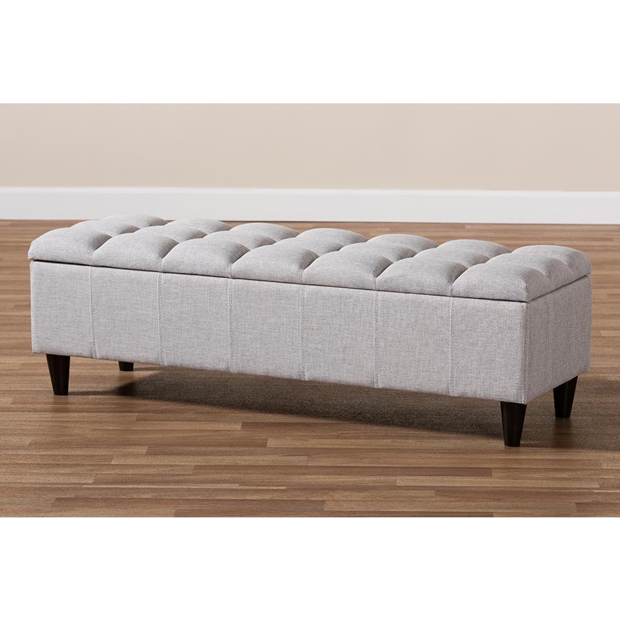Grayish Beige Fabric Upholstered Dark Brown Finished Wood Storage Bench Ottoman. Picture 10