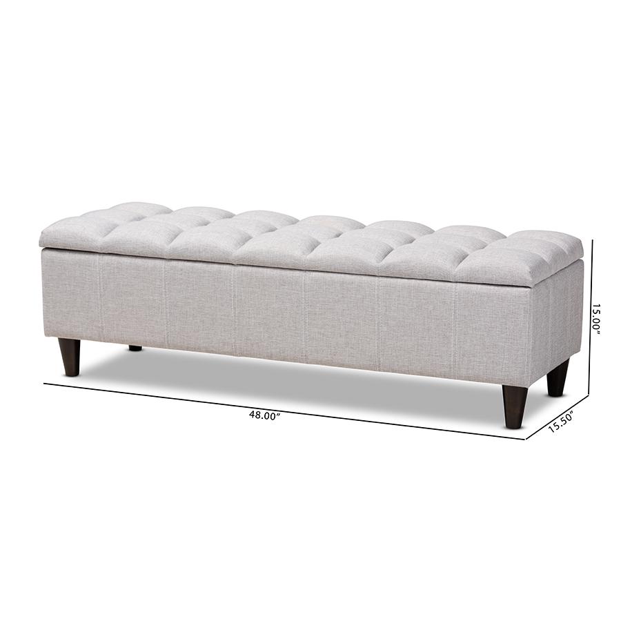 Grayish Beige Fabric Upholstered Dark Brown Finished Wood Storage Bench Ottoman. Picture 11