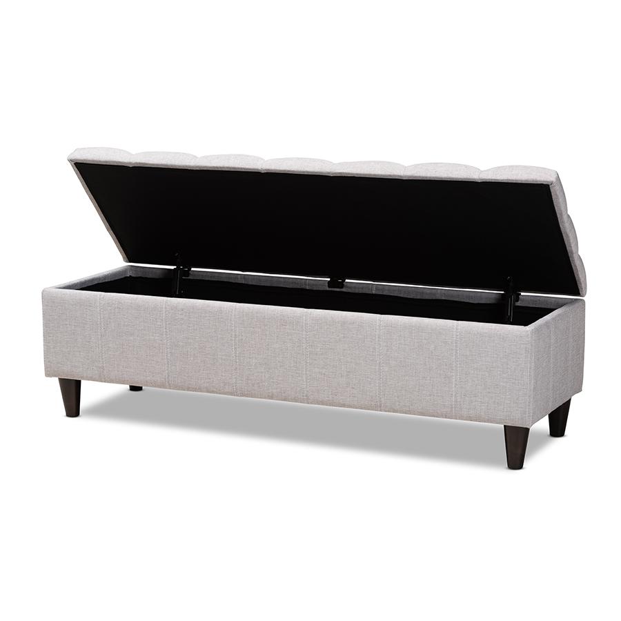 Grayish Beige Fabric Upholstered Dark Brown Finished Wood Storage Bench Ottoman. Picture 2