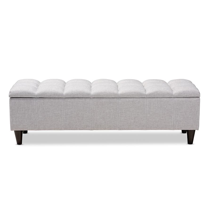 Grayish Beige Fabric Upholstered Dark Brown Finished Wood Storage Bench Ottoman. Picture 3