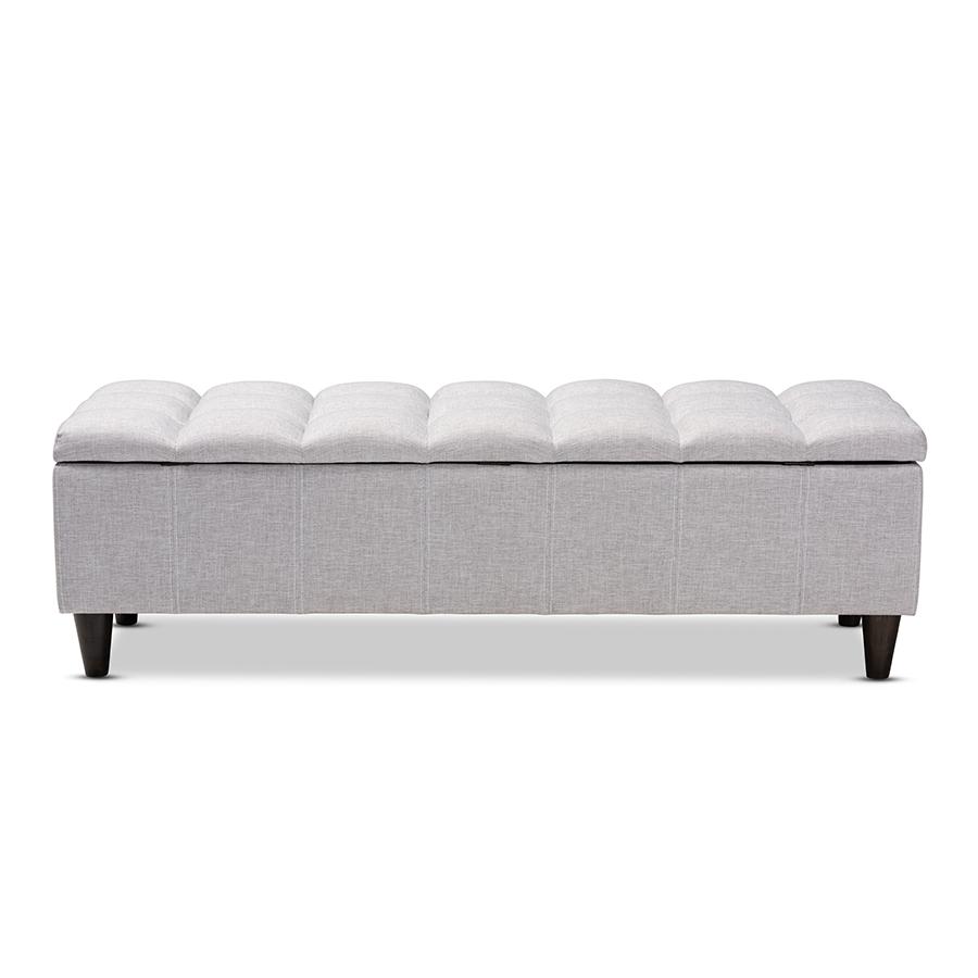 Grayish Beige Fabric Upholstered Dark Brown Finished Wood Storage Bench Ottoman. Picture 5