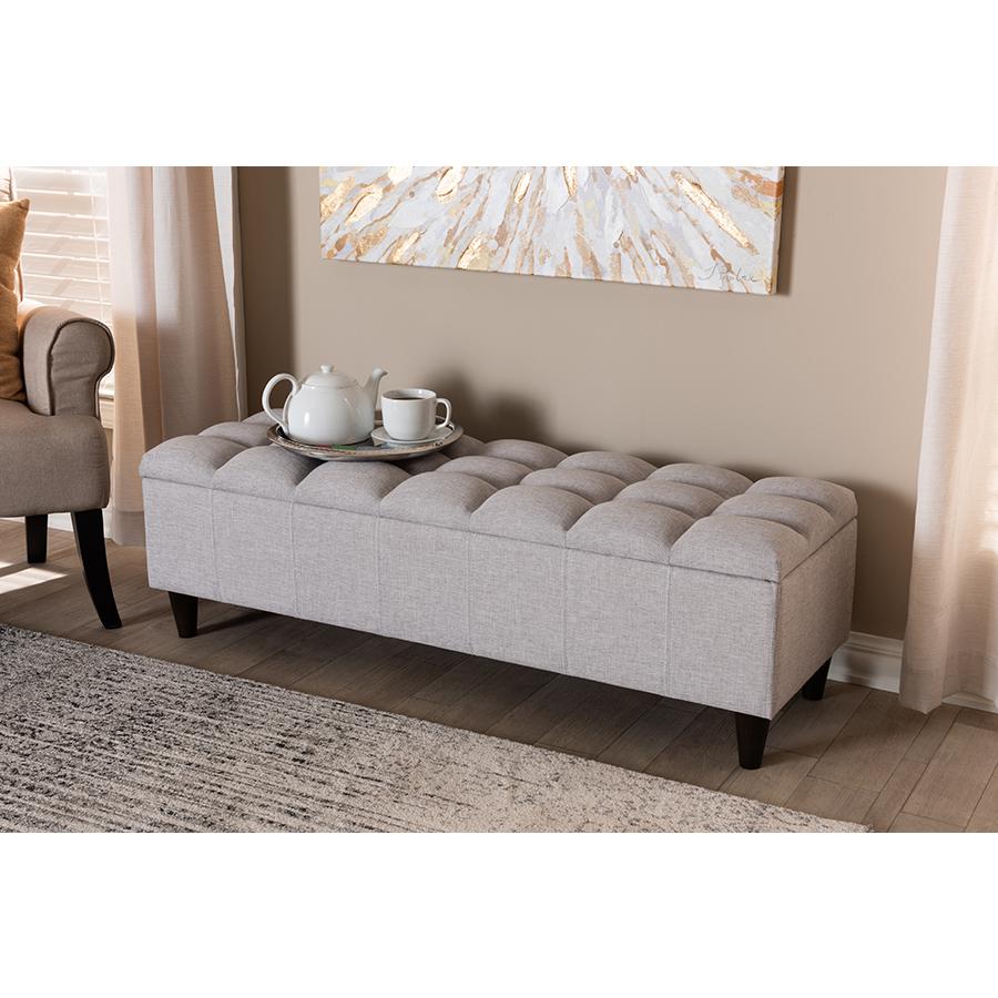 Grayish Beige Fabric Upholstered Dark Brown Finished Wood Storage Bench Ottoman. Picture 8