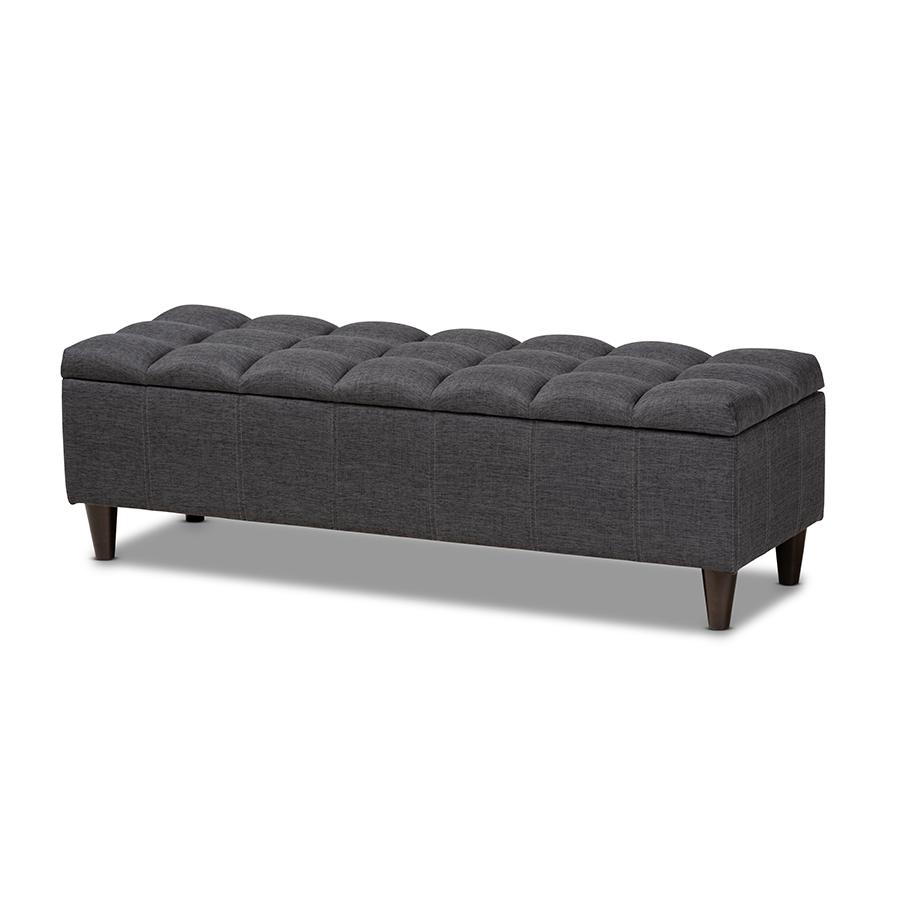 Charcoal Fabric Upholstered Dark Brown Finished Wood Storage Bench Ottoman. Picture 1
