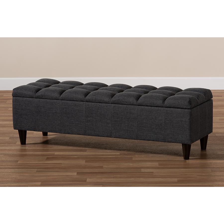 Charcoal Fabric Upholstered Dark Brown Finished Wood Storage Bench Ottoman. Picture 10
