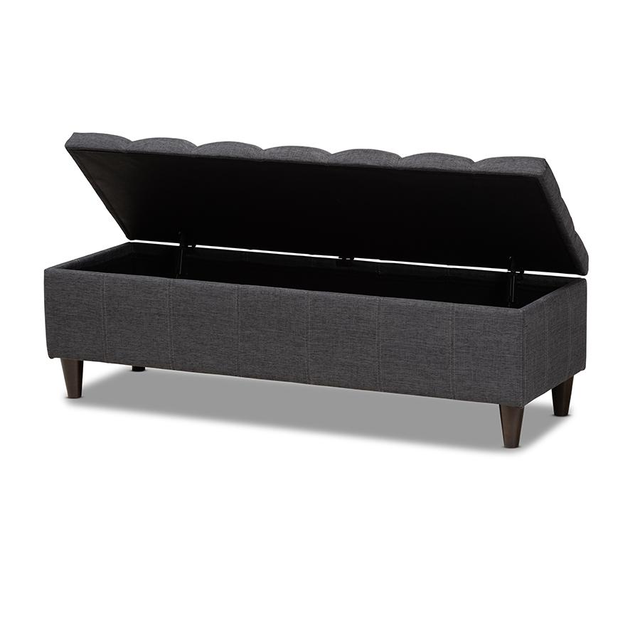 Charcoal Fabric Upholstered Dark Brown Finished Wood Storage Bench Ottoman. Picture 2