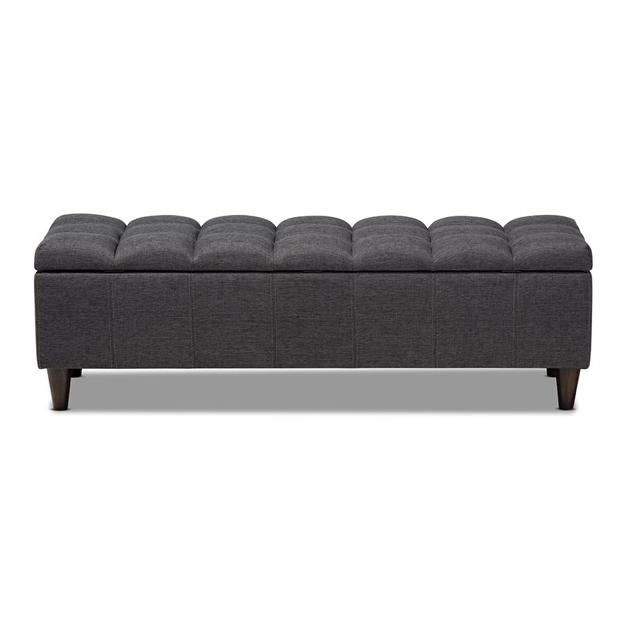 Charcoal Fabric Upholstered Dark Brown Finished Wood Storage Bench Ottoman. Picture 5