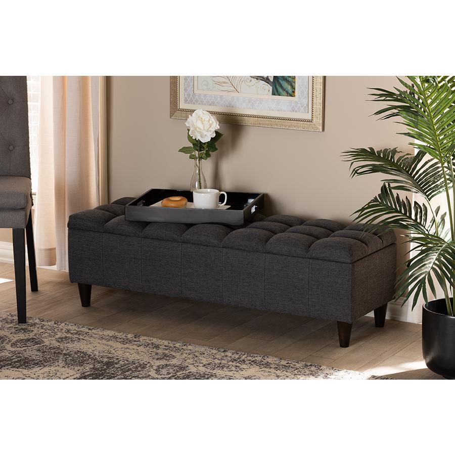 Charcoal Fabric Upholstered Dark Brown Finished Wood Storage Bench Ottoman. Picture 8