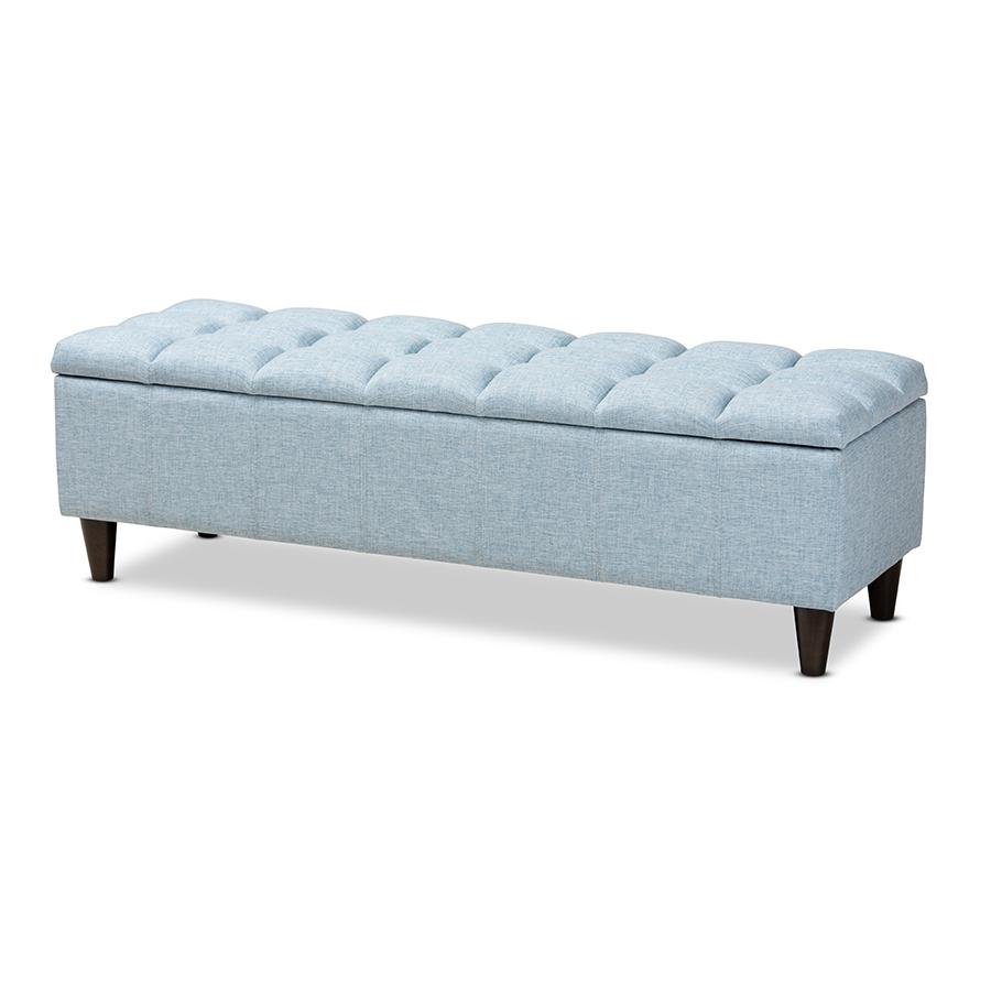 Light Blue Fabric Upholstered Dark Brown Finished Wood Storage Bench Ottoman. Picture 1