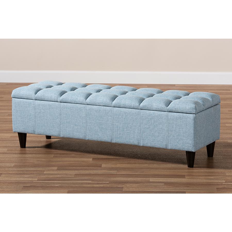 Light Blue Fabric Upholstered Dark Brown Finished Wood Storage Bench Ottoman. Picture 10