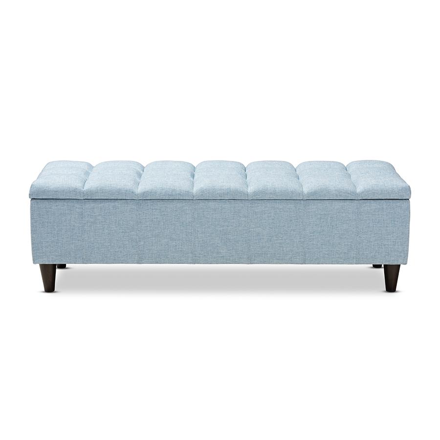 Light Blue Fabric Upholstered Dark Brown Finished Wood Storage Bench Ottoman. Picture 3