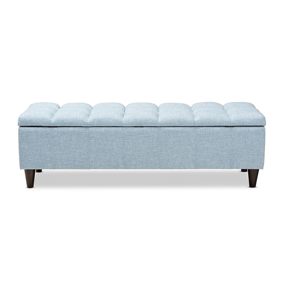Light Blue Fabric Upholstered Dark Brown Finished Wood Storage Bench Ottoman. Picture 5