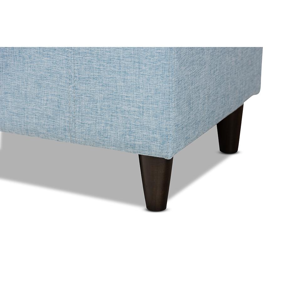 Light Blue Fabric Upholstered Dark Brown Finished Wood Storage Bench Ottoman. Picture 7