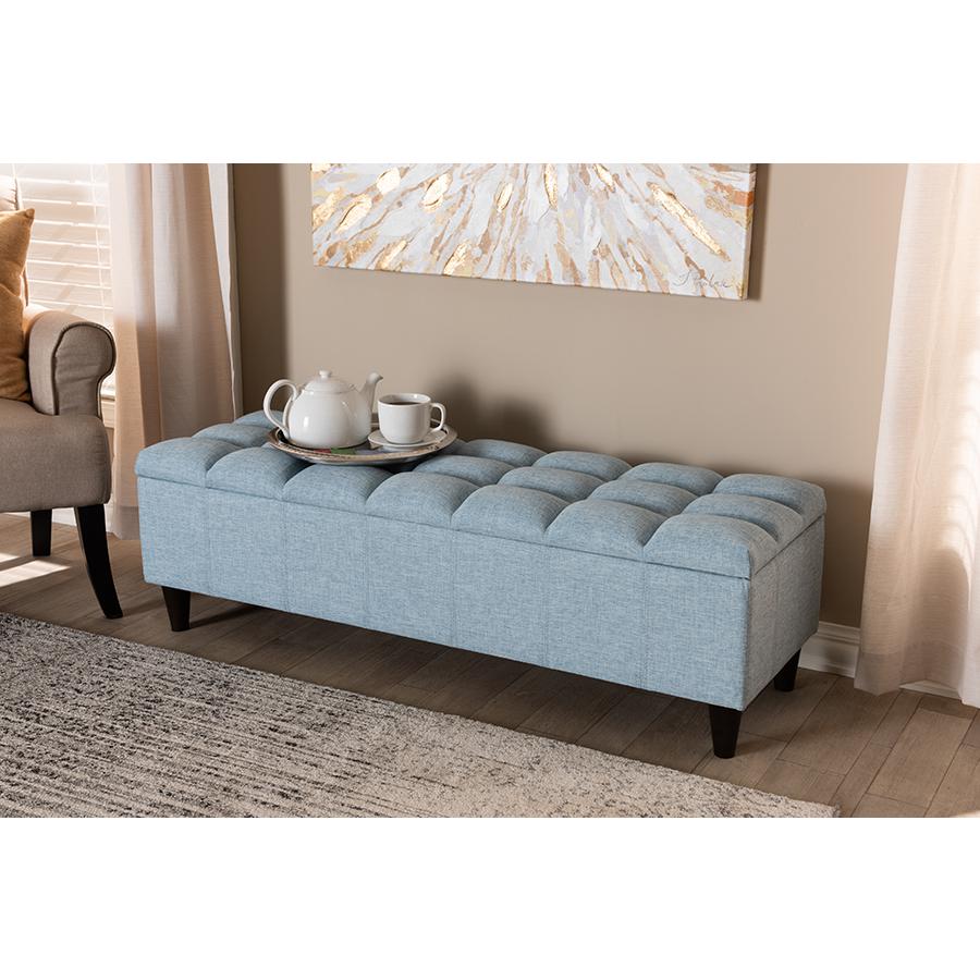 Light Blue Fabric Upholstered Dark Brown Finished Wood Storage Bench Ottoman. Picture 8