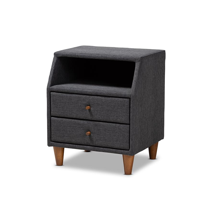 Claverie Mid-Century Modern Charcoal Fabric Upholstered 2-Drawer Wood Nightstand. Picture 1