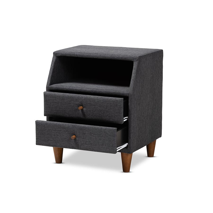 Baxton Studio Claverie Mid-Century Modern Charcoal Fabric Upholstered 2-Drawer Wood Nightstand. Picture 2