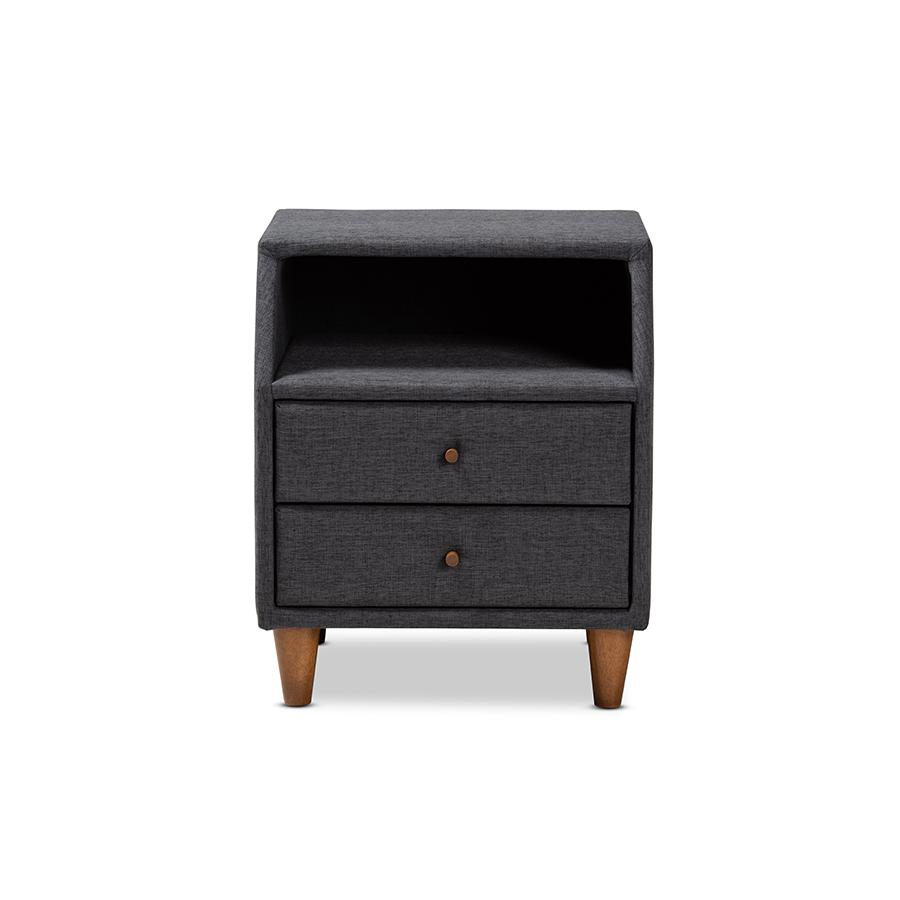 Claverie Mid-Century Modern Charcoal Fabric Upholstered 2-Drawer Wood Nightstand. Picture 3