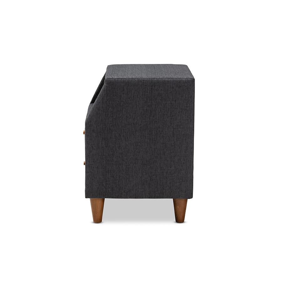 Claverie Mid-Century Modern Charcoal Fabric Upholstered 2-Drawer Wood Nightstand. Picture 4