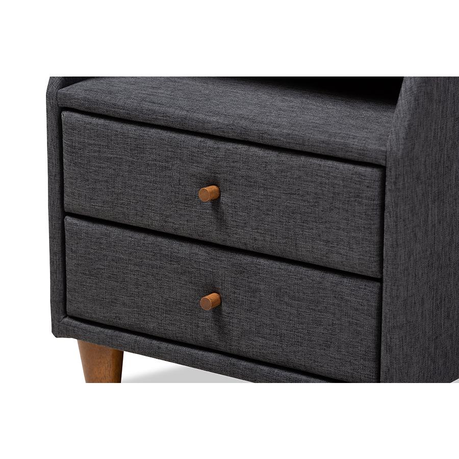 Claverie Mid-Century Modern Charcoal Fabric Upholstered 2-Drawer Wood Nightstand. Picture 5