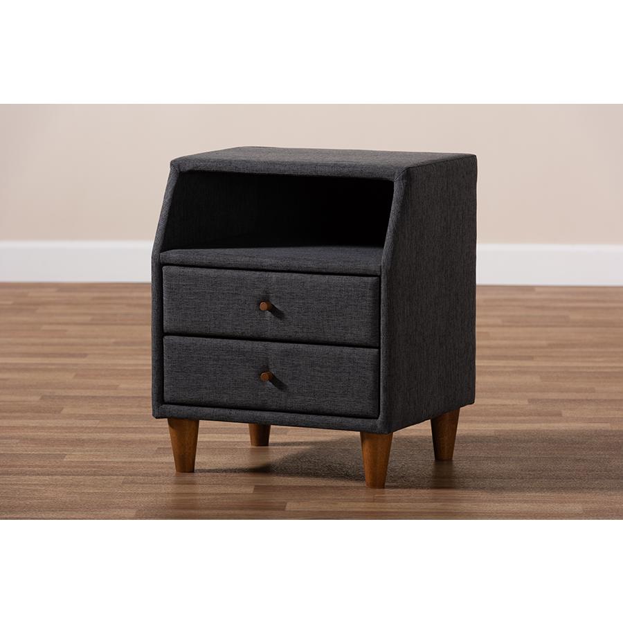 Claverie Mid-Century Modern Charcoal Fabric Upholstered 2-Drawer Wood Nightstand. Picture 8