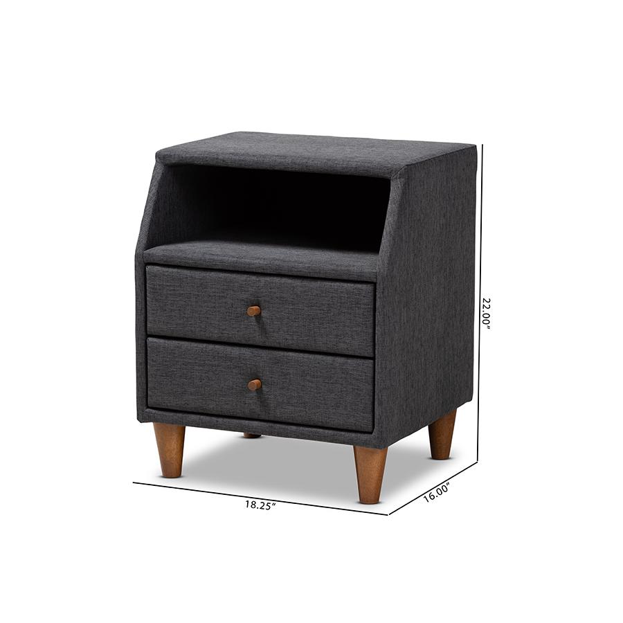 Baxton Studio Claverie Mid-Century Modern Charcoal Fabric Upholstered 2-Drawer Wood Nightstand. Picture 9