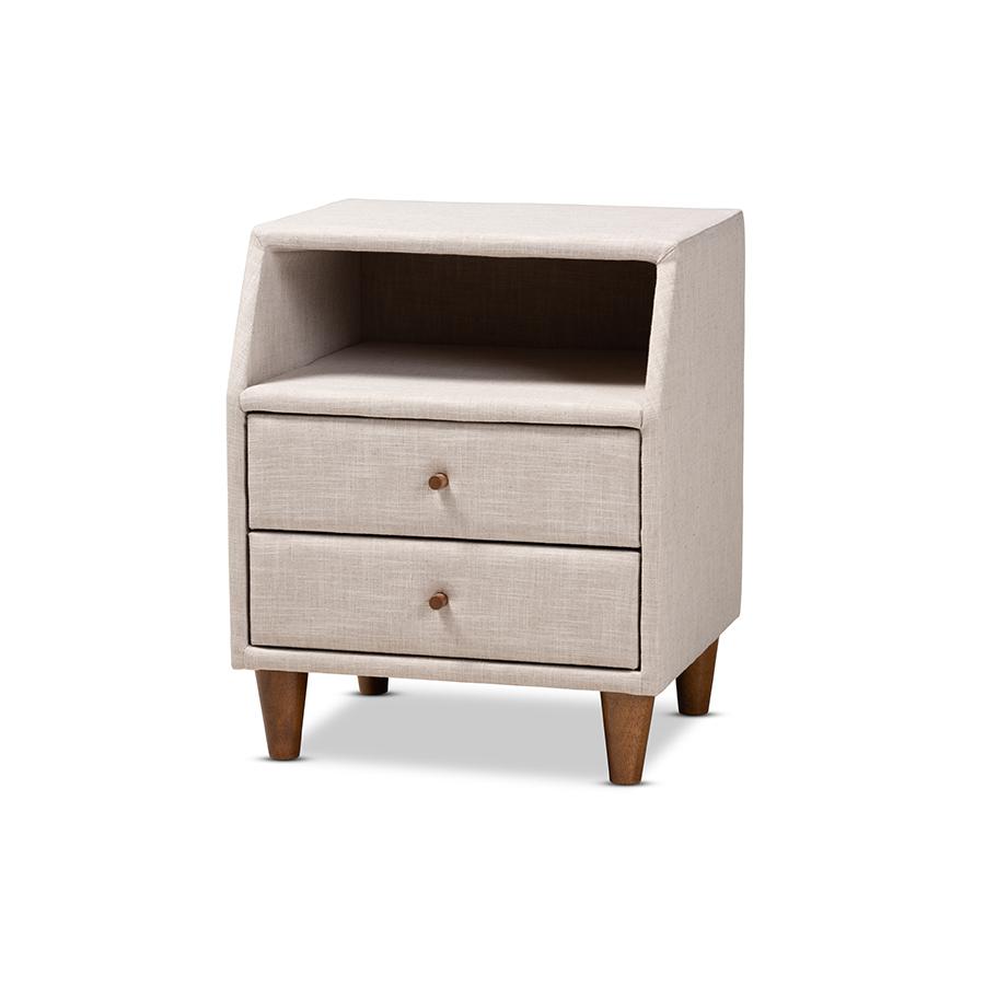 Baxton Studio Claverie Mid-Century Modern Beige Fabric Upholstered 2-Drawer Wood Nightstand. Picture 1