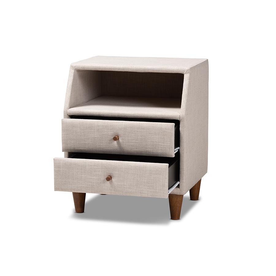 Baxton Studio Claverie Mid-Century Modern Beige Fabric Upholstered 2-Drawer Wood Nightstand. Picture 2