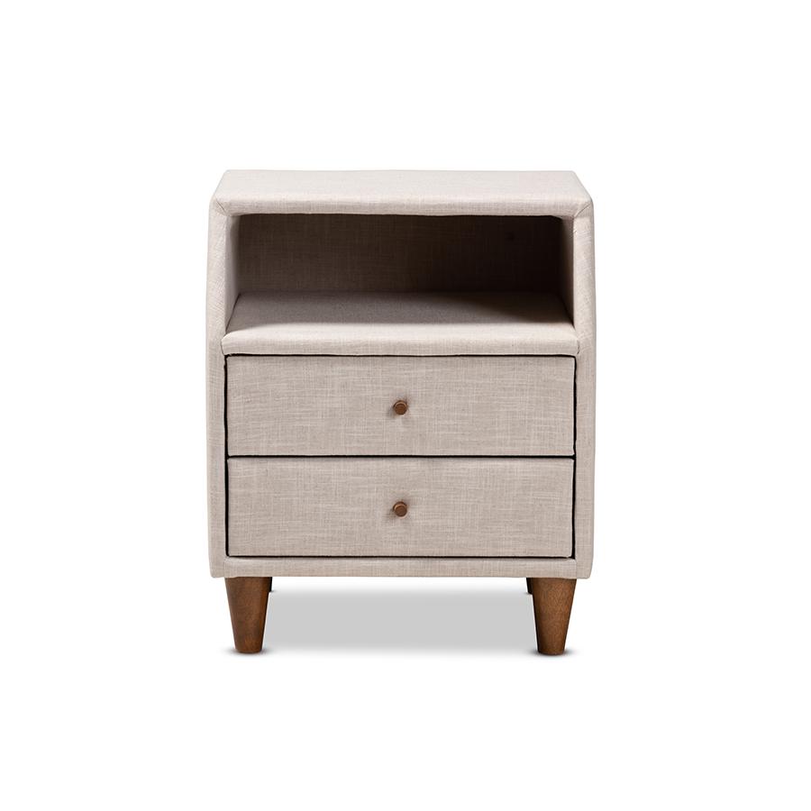 Baxton Studio Claverie Mid-Century Modern Beige Fabric Upholstered 2-Drawer Wood Nightstand. Picture 3