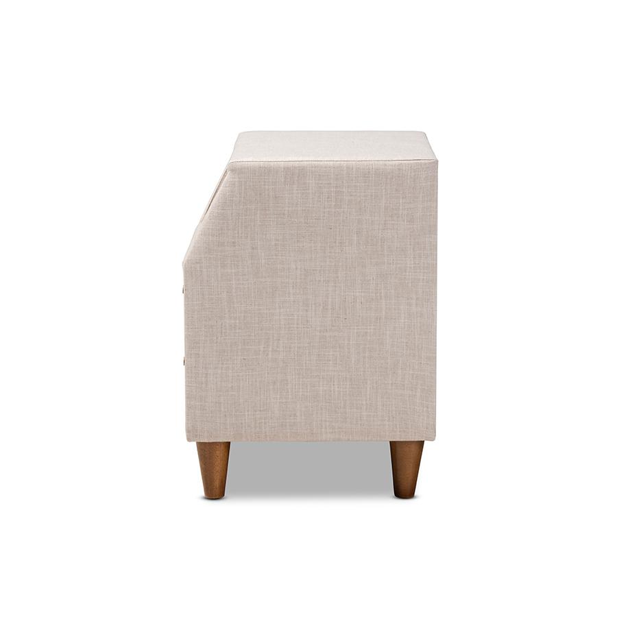 Claverie Mid-Century Modern Beige Fabric Upholstered 2-Drawer Wood Nightstand. Picture 4