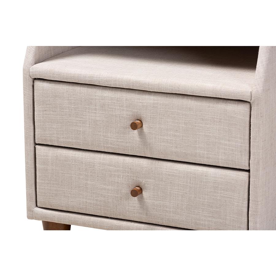 Baxton Studio Claverie Mid-Century Modern Beige Fabric Upholstered 2-Drawer Wood Nightstand. Picture 5
