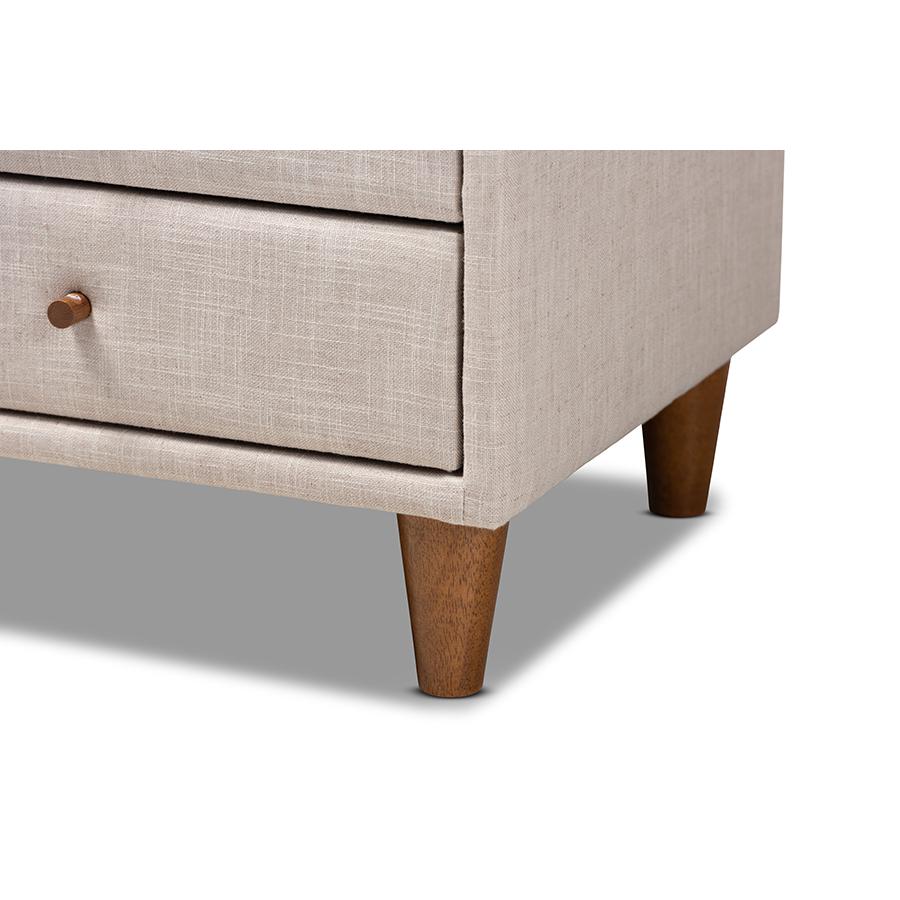 Baxton Studio Claverie Mid-Century Modern Beige Fabric Upholstered 2-Drawer Wood Nightstand. Picture 6
