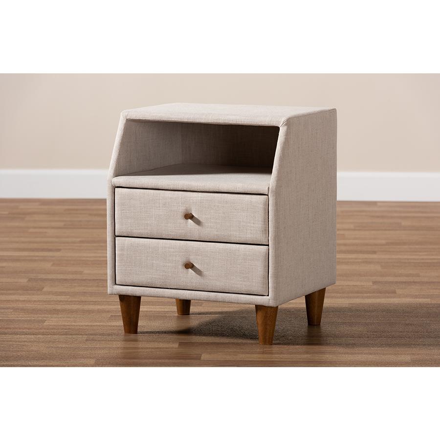 Claverie Mid-Century Modern Beige Fabric Upholstered 2-Drawer Wood Nightstand. Picture 8