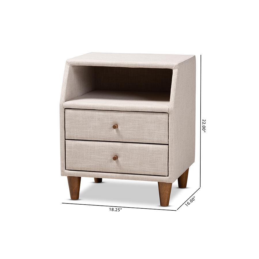 Baxton Studio Claverie Mid-Century Modern Beige Fabric Upholstered 2-Drawer Wood Nightstand. Picture 9