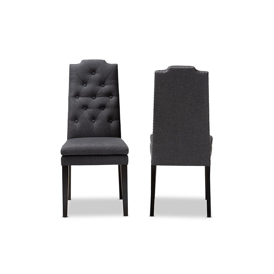 Baxton Studio Dylin Modern and Contemporary Charcoal Fabric Upholstered Button Tufted Wood Dining Chair. Picture 2