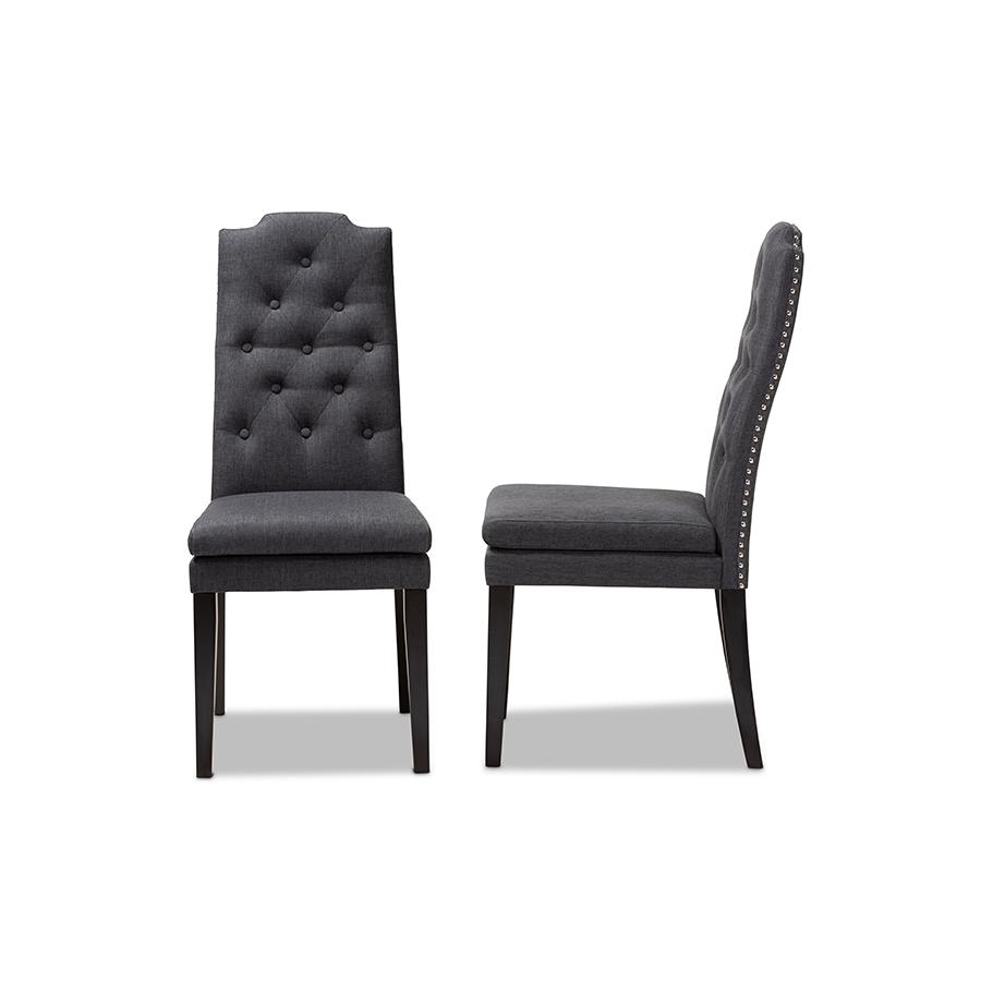 Baxton Studio Dylin Modern and Contemporary Charcoal Fabric Upholstered Button Tufted Wood Dining Chair. Picture 3