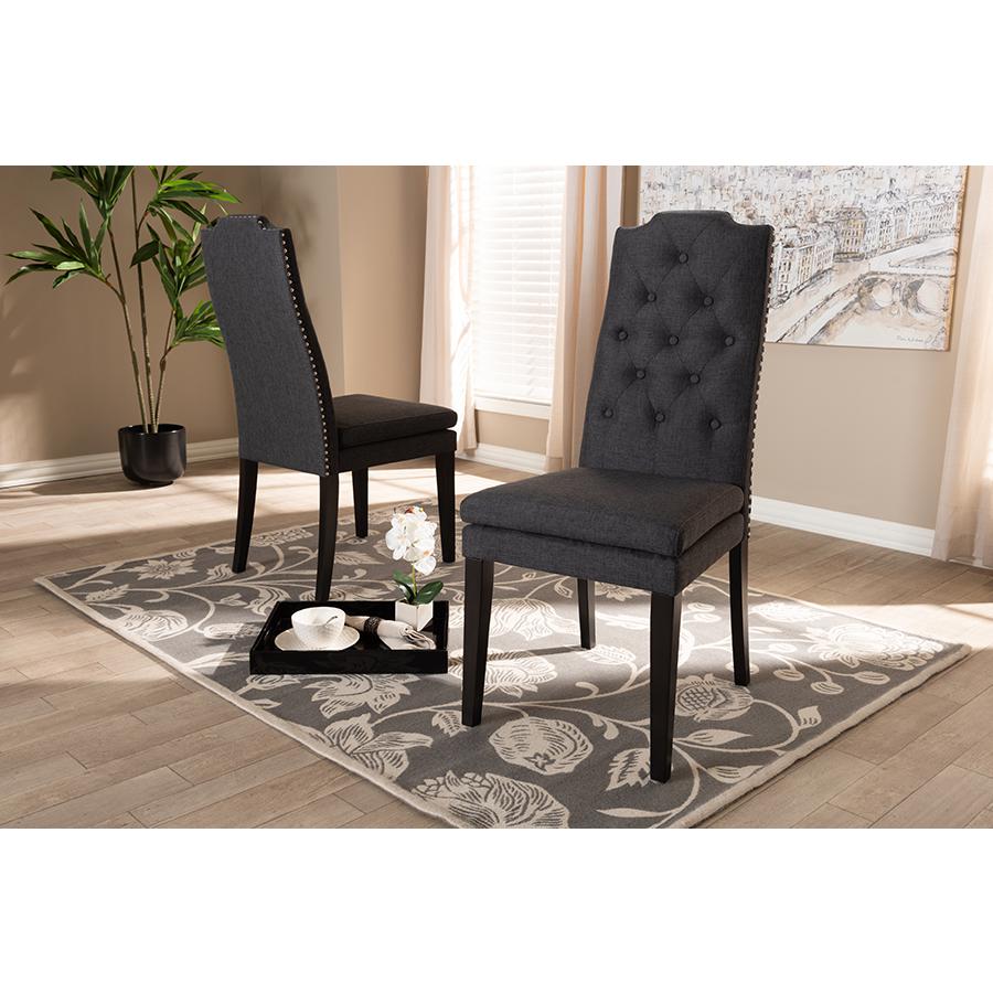 Baxton Studio Dylin Modern and Contemporary Charcoal Fabric Upholstered Button Tufted Wood Dining Chair. Picture 5