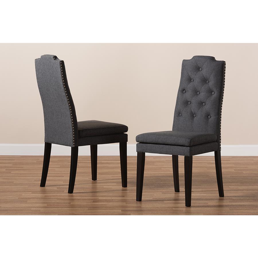 Baxton Studio Dylin Modern and Contemporary Charcoal Fabric Upholstered Button Tufted Wood Dining Chair. Picture 6