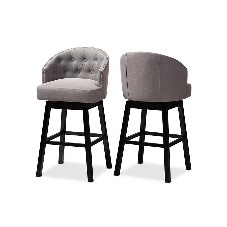 Theron Transitional Gray Fabric Upholstered Wood Swivel Bar Stool Set of 2. Picture 1