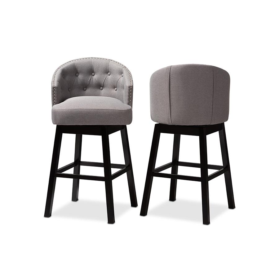 Theron Transitional Gray Fabric Upholstered Wood Swivel Bar Stool Set of 2. Picture 2
