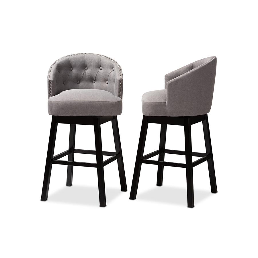 Theron Transitional Gray Fabric Upholstered Wood Swivel Bar Stool Set of 2. Picture 3