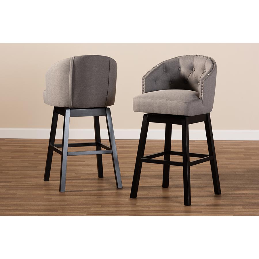 Theron Transitional Gray Fabric Upholstered Wood Swivel Bar Stool Set of 2. Picture 6