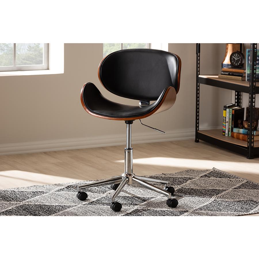 Ambrosio Modern and Contemporary Black Faux Leather Upholstered Chrome-Finished Metal Adjustable Swivel Office Chair. Picture 2