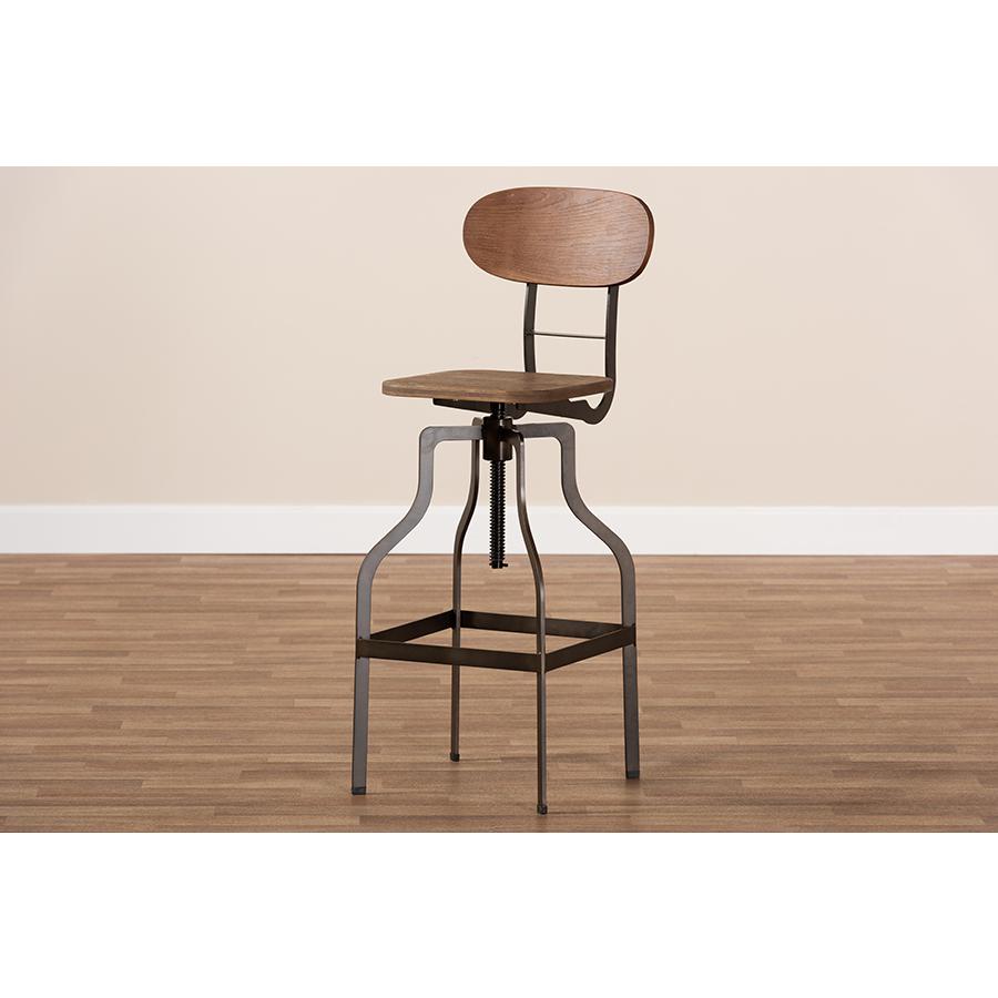 Wood and Rust-Finished Steel Adjustable Swivel Bar Stool. Picture 7