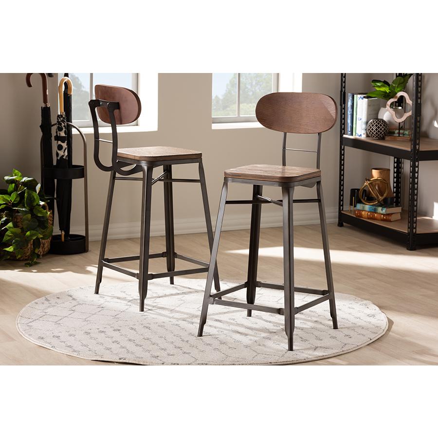 Baxton Studio Varek Vintage Rustic Industrial Style Bamboo and Rust-Finished Steel Stackable Counter Stool Set. Picture 2