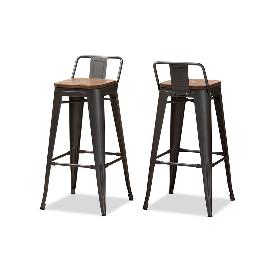 Henri Vintage Rustic Industrial Style Tolix-Inspired Bamboo and Gun Metal-Finished Steel Stackable Bar Stool with Backrest Set of 2. Picture 1