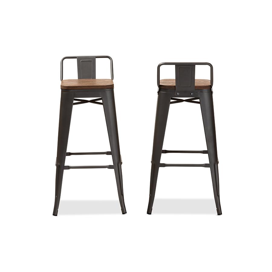 Henri Vintage Rustic Industrial Style Tolix-Inspired Bamboo and Gun Metal-Finished Steel Stackable Bar Stool with Backrest Set of 2. Picture 3