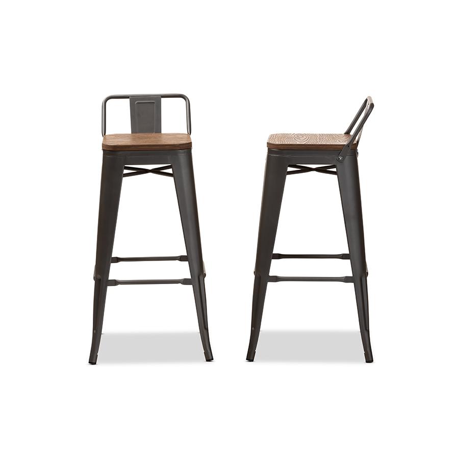 Henri Vintage Rustic Industrial Style Tolix-Inspired Bamboo and Gun Metal-Finished Steel Stackable Bar Stool with Backrest Set of 2. Picture 4